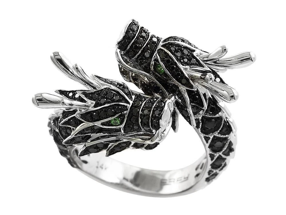 Effy Black Diamond &amp; Tsavorite Dragon Ring – 14K White Gold – 0.86 CTW Size 8.5