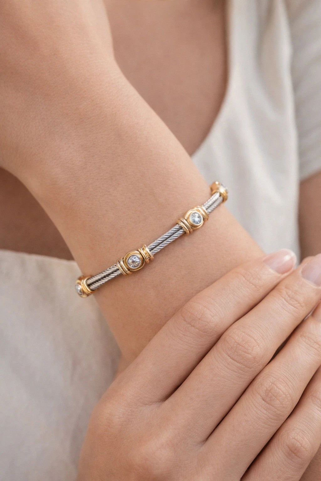 14K Two Tone Gold Diamond Station Bracelet 8” Estate Designer Style