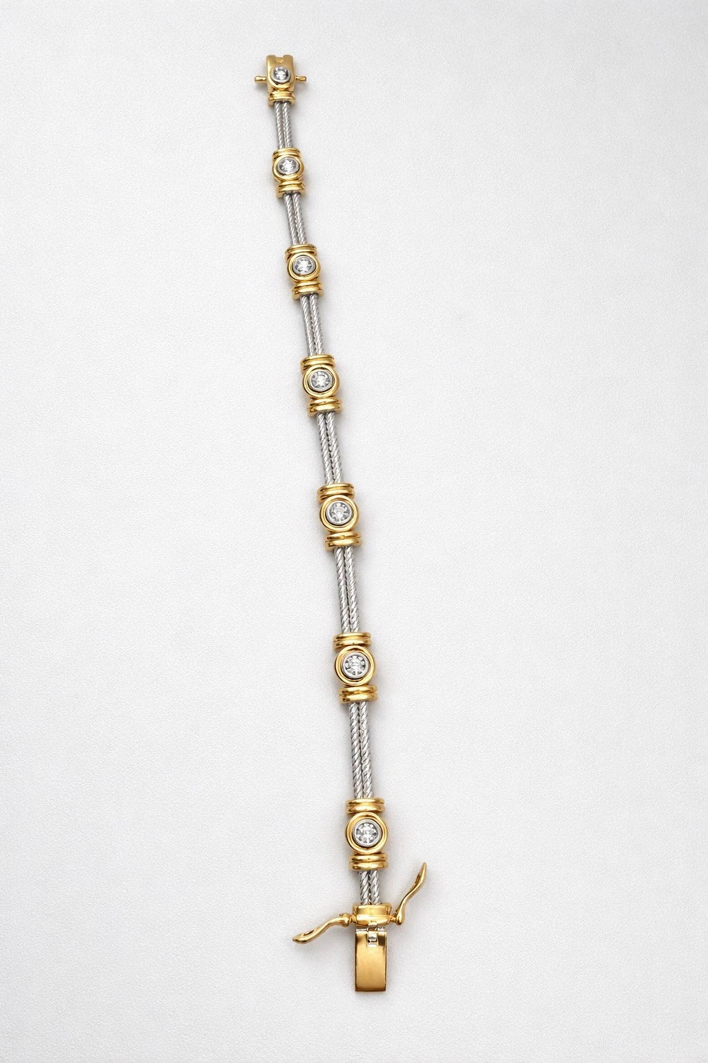14K Two Tone Gold Diamond Station Bracelet 8” Estate Designer Style