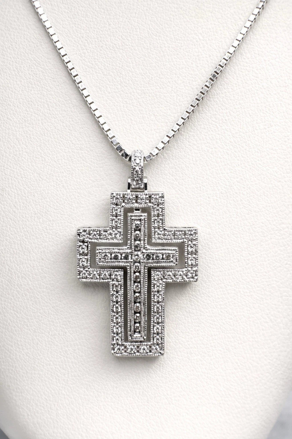 14K White Gold Diamond Sapphire Reversible Cross Pendant Heart Design 22” Chain