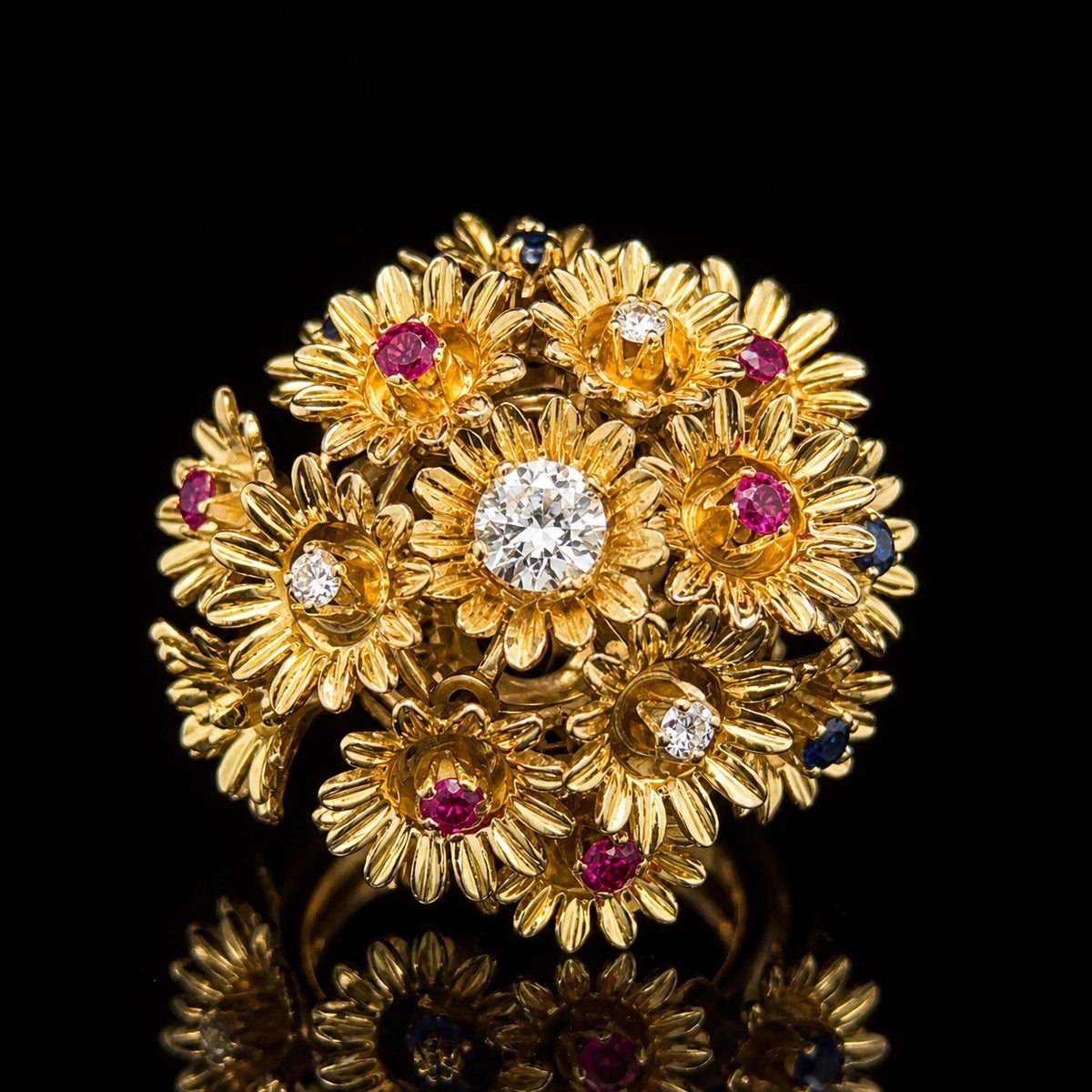 18K Gold Trembler Flower Bouquet Ring Diamonds Rubies Sapphires Vintage Estate