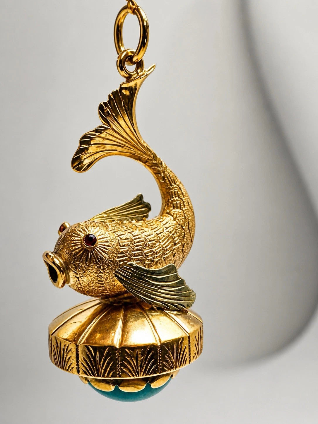 18K Yellow Gold Fish Charm Turquoise Ruby Koi Pendant Vintage Estate
