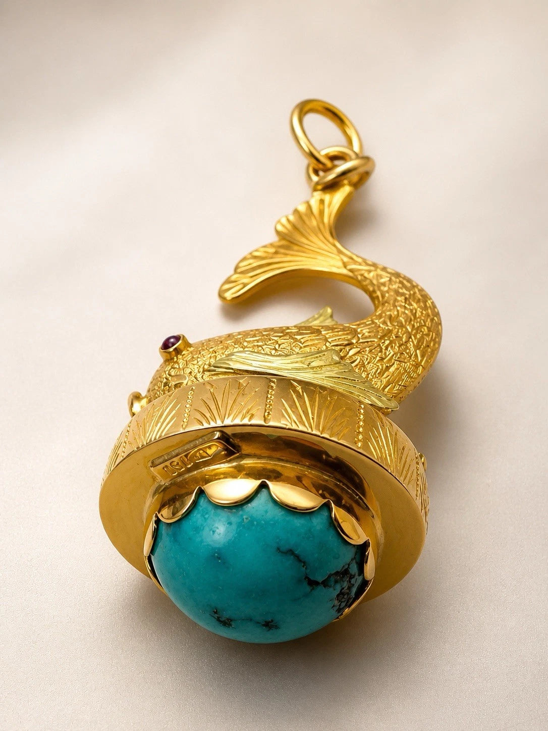 18K Yellow Gold Fish Charm Turquoise Ruby Koi Pendant Vintage Estate