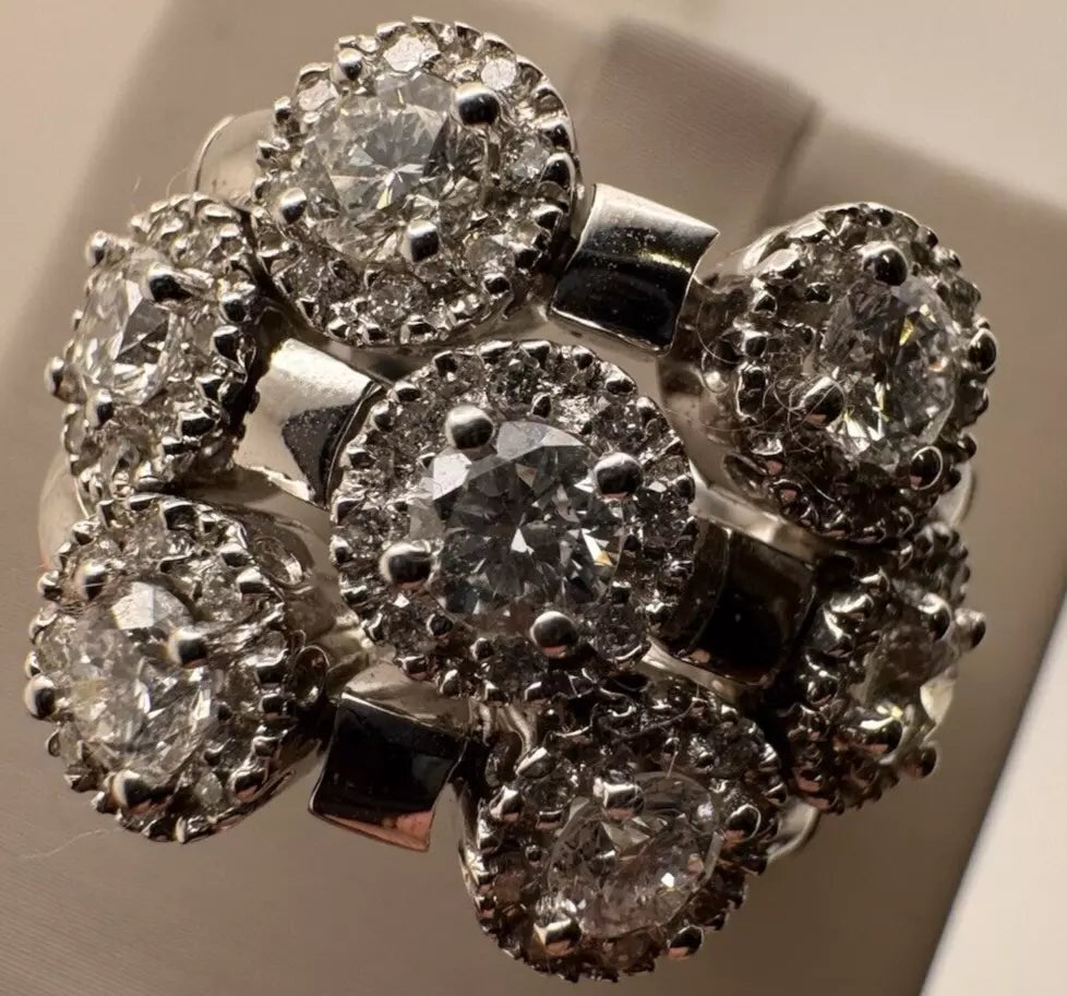 Estate Sonia Bitton 14k White Gold Gold Flower Ring With Diamonds 1.75ct Size 5