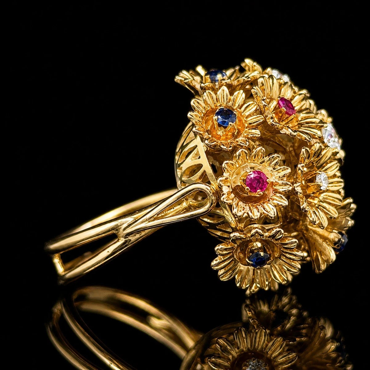 18K Gold Trembler Flower Bouquet Ring Diamonds Rubies Sapphires Vintage Estate