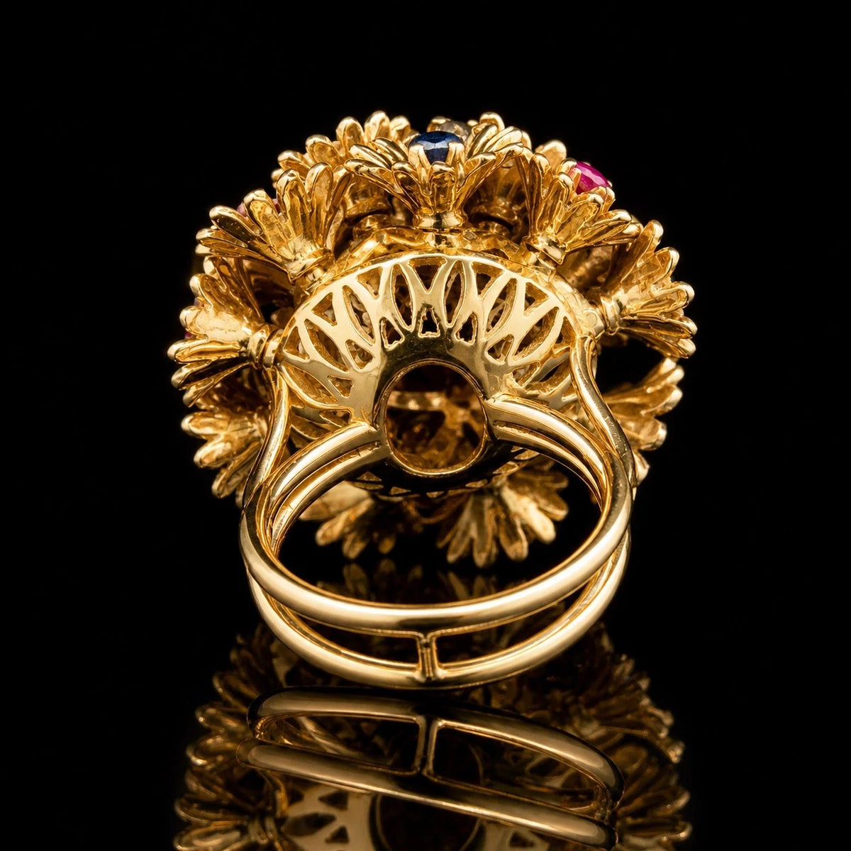 18K Gold Trembler Flower Bouquet Ring Diamonds Rubies Sapphires Vintage Estate