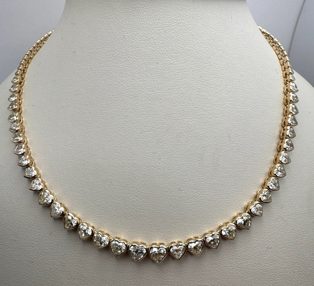 New 14k Yellow Gold Natural Diamond Heart Tennis Necklace 8.57ctw
