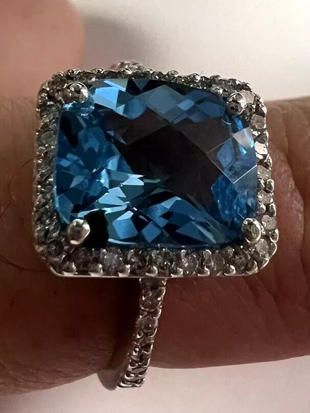 Vintage Estate 14k White Gold Blue Topaz and Diamond Halo Ring Size 10