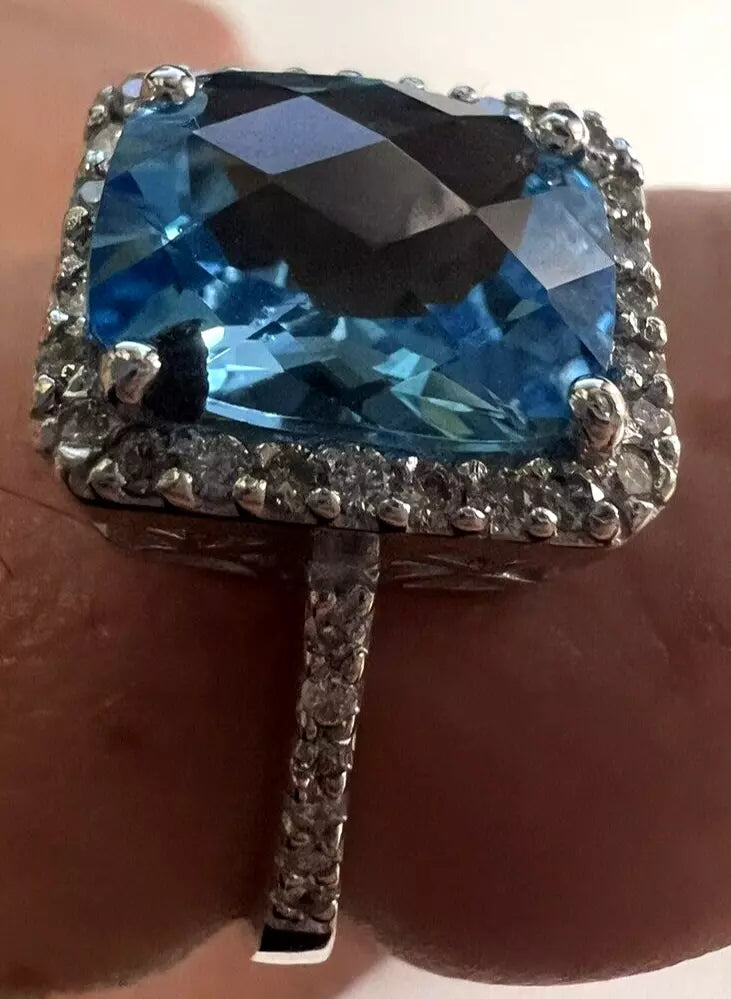 Vintage Estate 14k White Gold Blue Topaz and Diamond Halo Ring Size 10