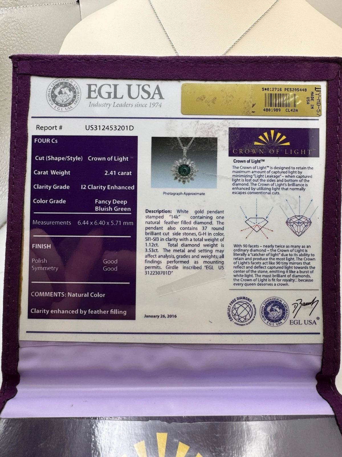 14K White Gold 2.41ct Crown of Light Fancy Deep Bluish Green Diamond Pendant EGL
