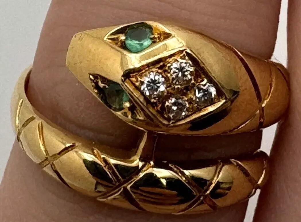 18k Yellow Gold Emerald And Diamond Snake Ring Size 6.5