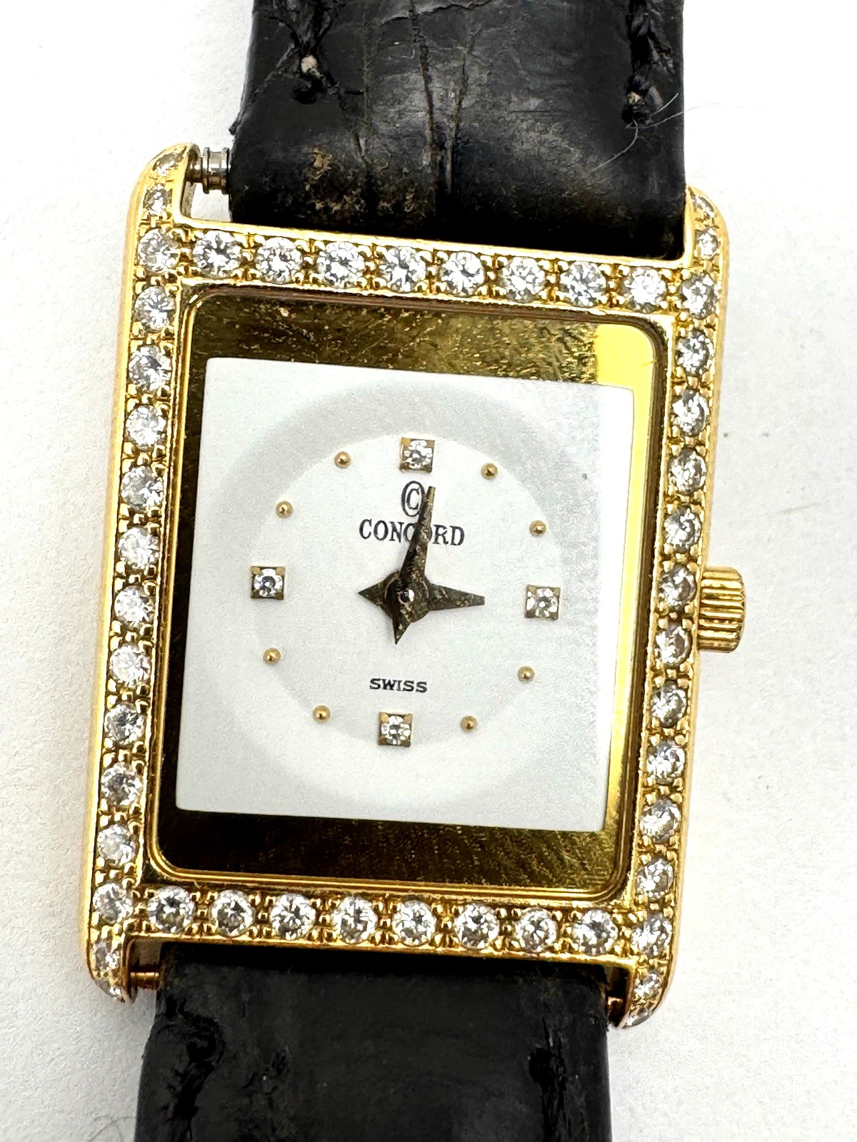Concord 18k Yellow Gold Diamond Bezel Quartz Wrist Watch W/ Black Leather Band