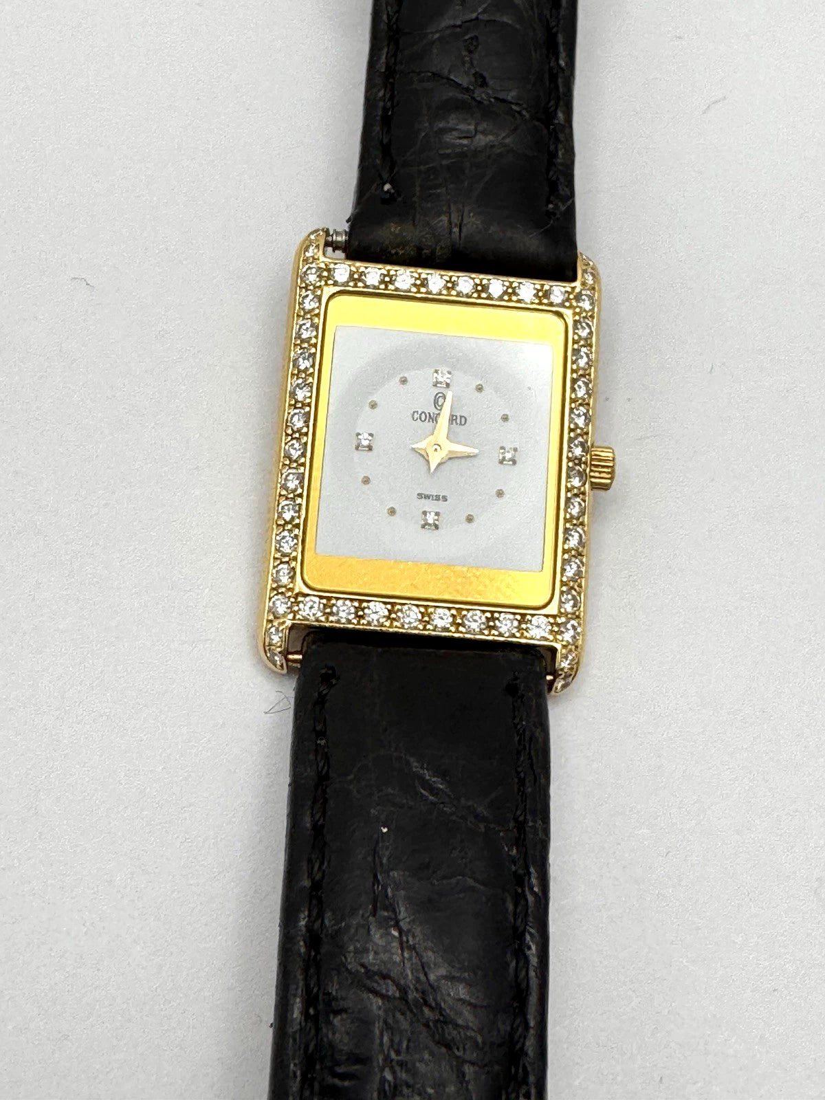 Concord 18k Yellow Gold Diamond Bezel Quartz Wrist Watch W/ Black Leather Band