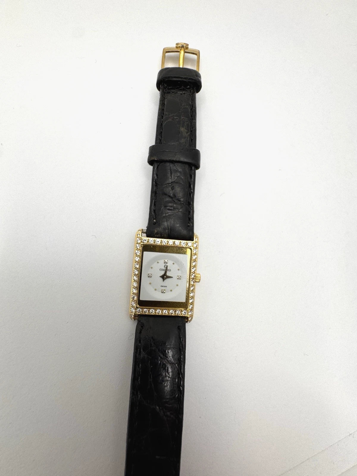 Concord 18k Yellow Gold Diamond Bezel Quartz Wrist Watch W/ Black Leather Band