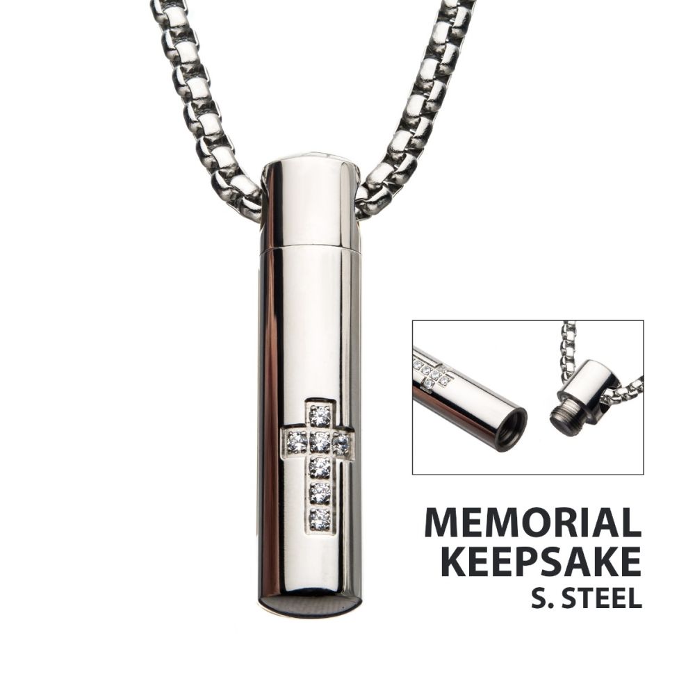 Stainless Steel Memorial Cross Pendant with Clear CZ &amp; Steel Box Chain