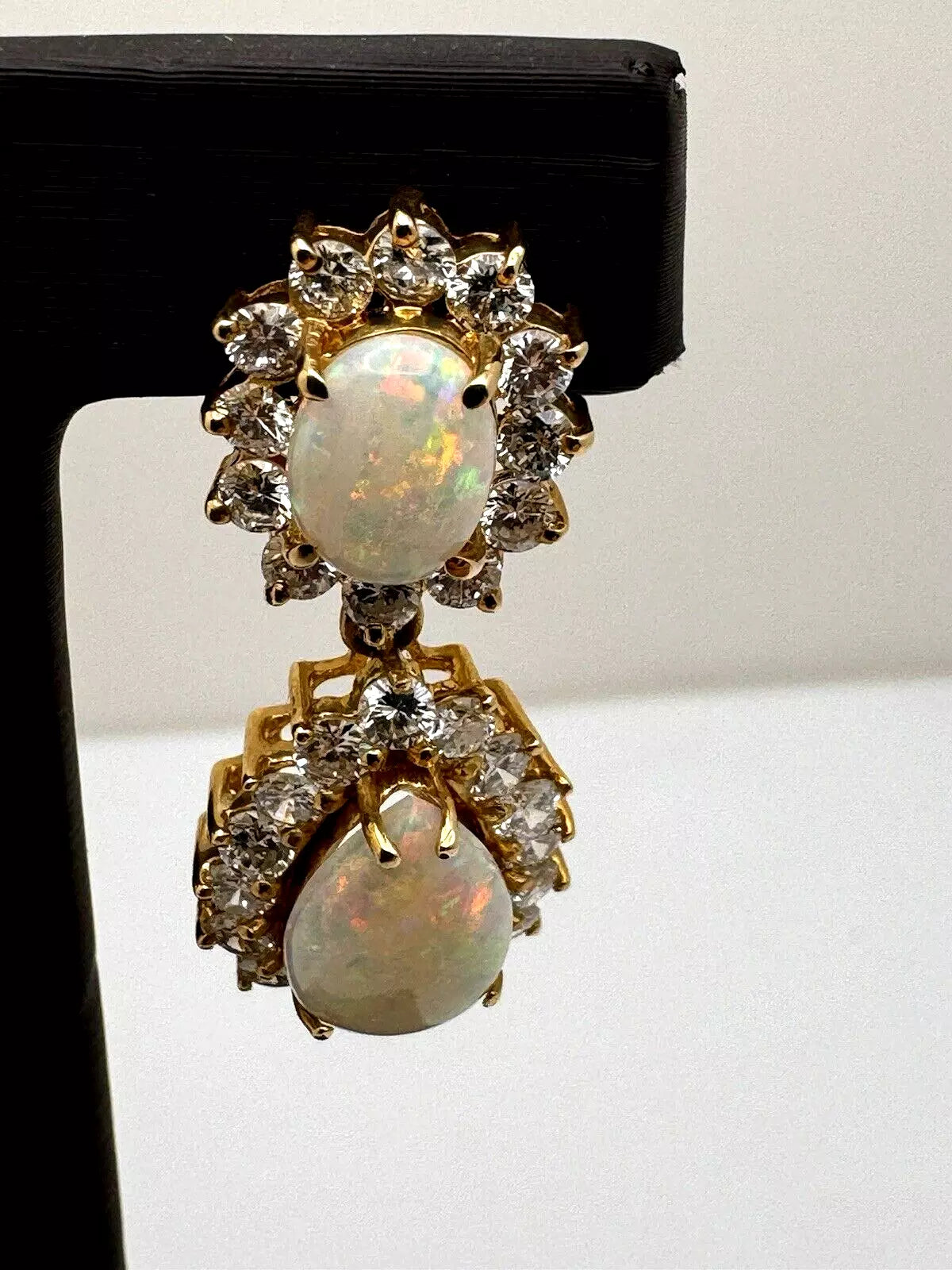 Vintage Estate 14k Yellow Gold Opal Pear Shape Tear Drop Earrings Diamond Halo