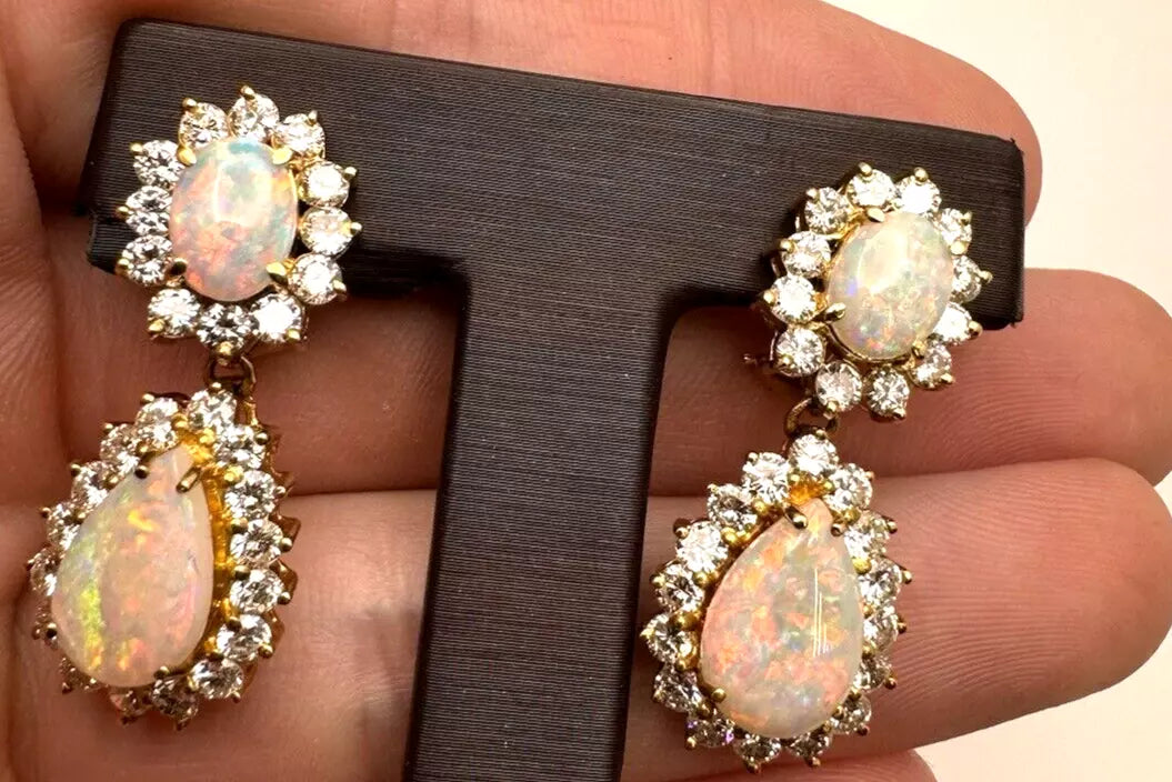 Vintage Estate 14k Yellow Gold Opal Pear Shape Tear Drop Earrings Diamond Halo