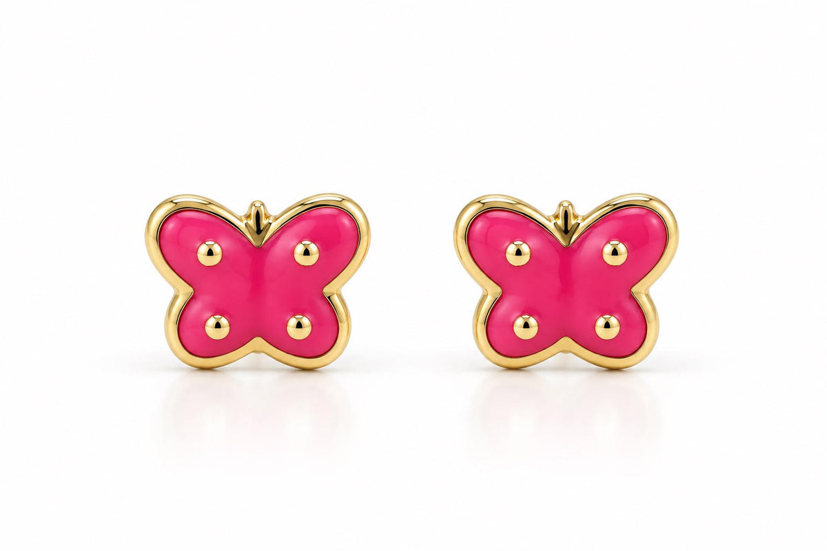 14K Yellow Gold Children Pink Enamel Butterfly Stud Earrings