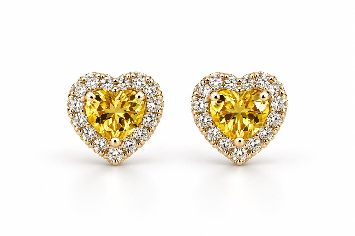 14K Yellow Gold Children Citrine Heart Halo Stud Earrings with Cubic Zirconia