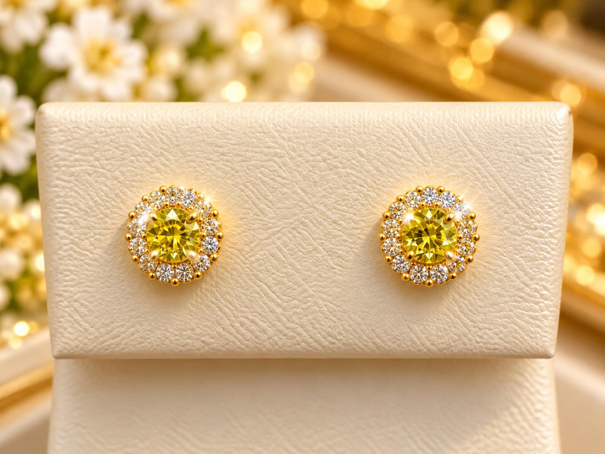 14K Yellow Gold Yellow Children Gemstone Halo Stud Earrings – Brilliant Sparkle &amp; Timeless Elegance