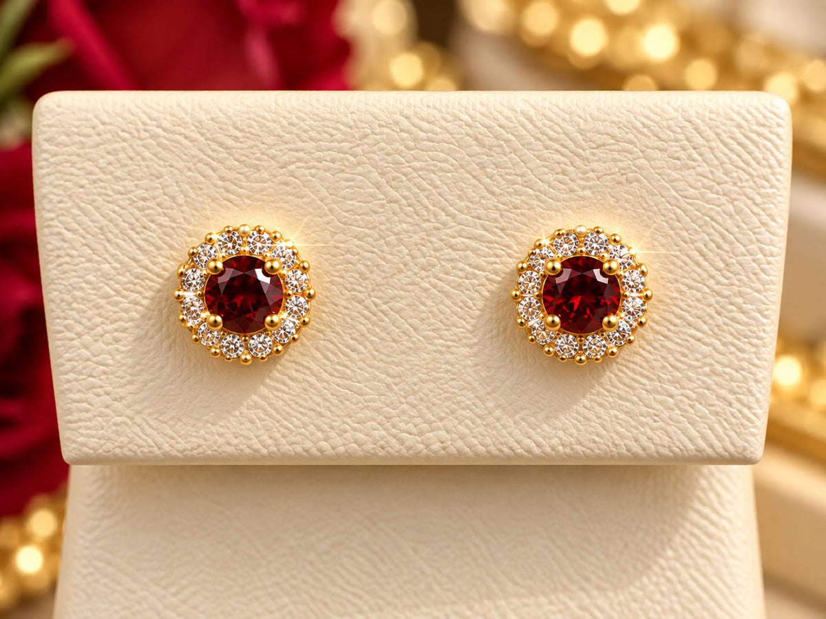 14K Yellow Gold Children Garnet &amp; CZ Halo Stud Earrings