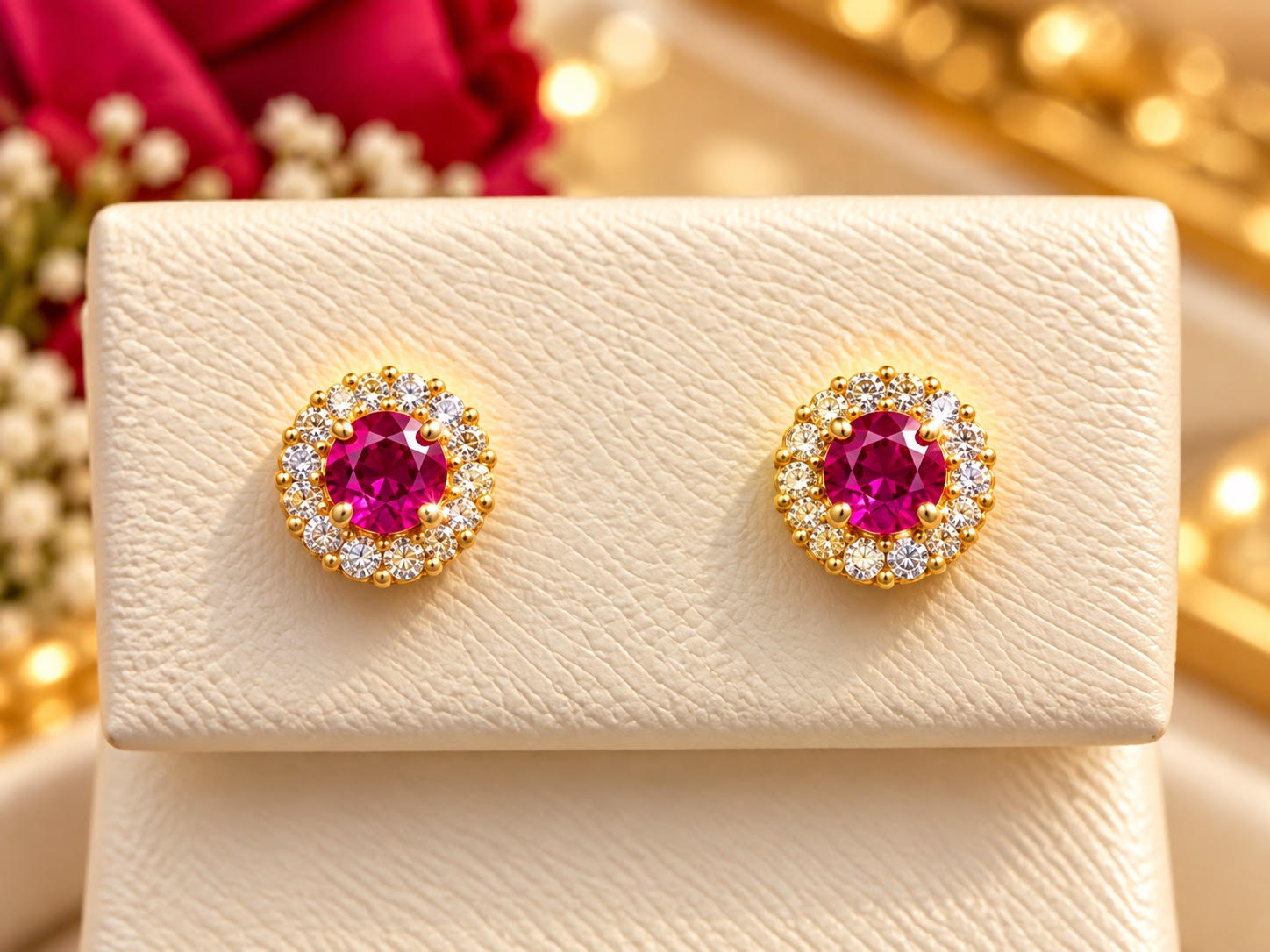 14K Yellow Gold Children Ruby Halo Stud Earrings with Diamond-Look Accents