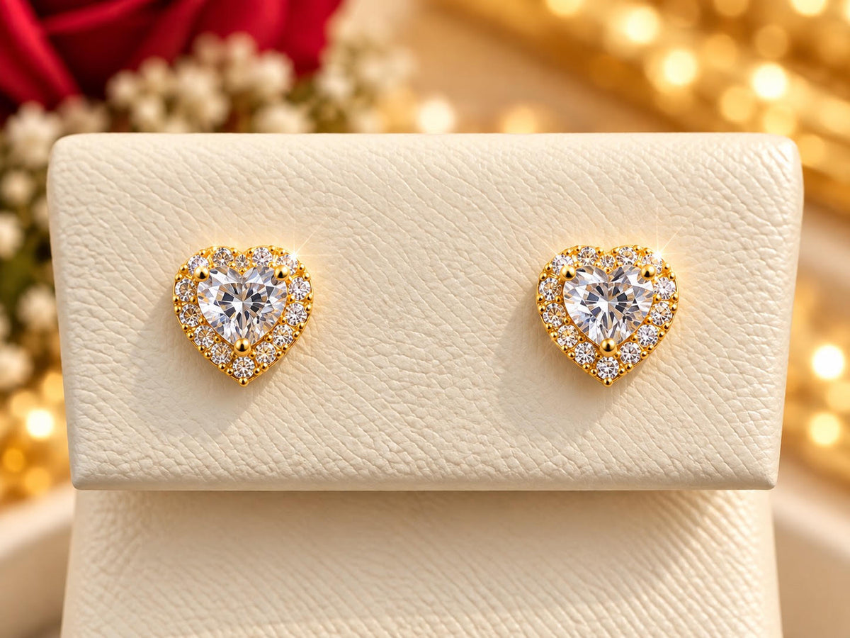 14K Yellow Gold Children Heart-Shaped Halo Stud Earrings with CZ Accents