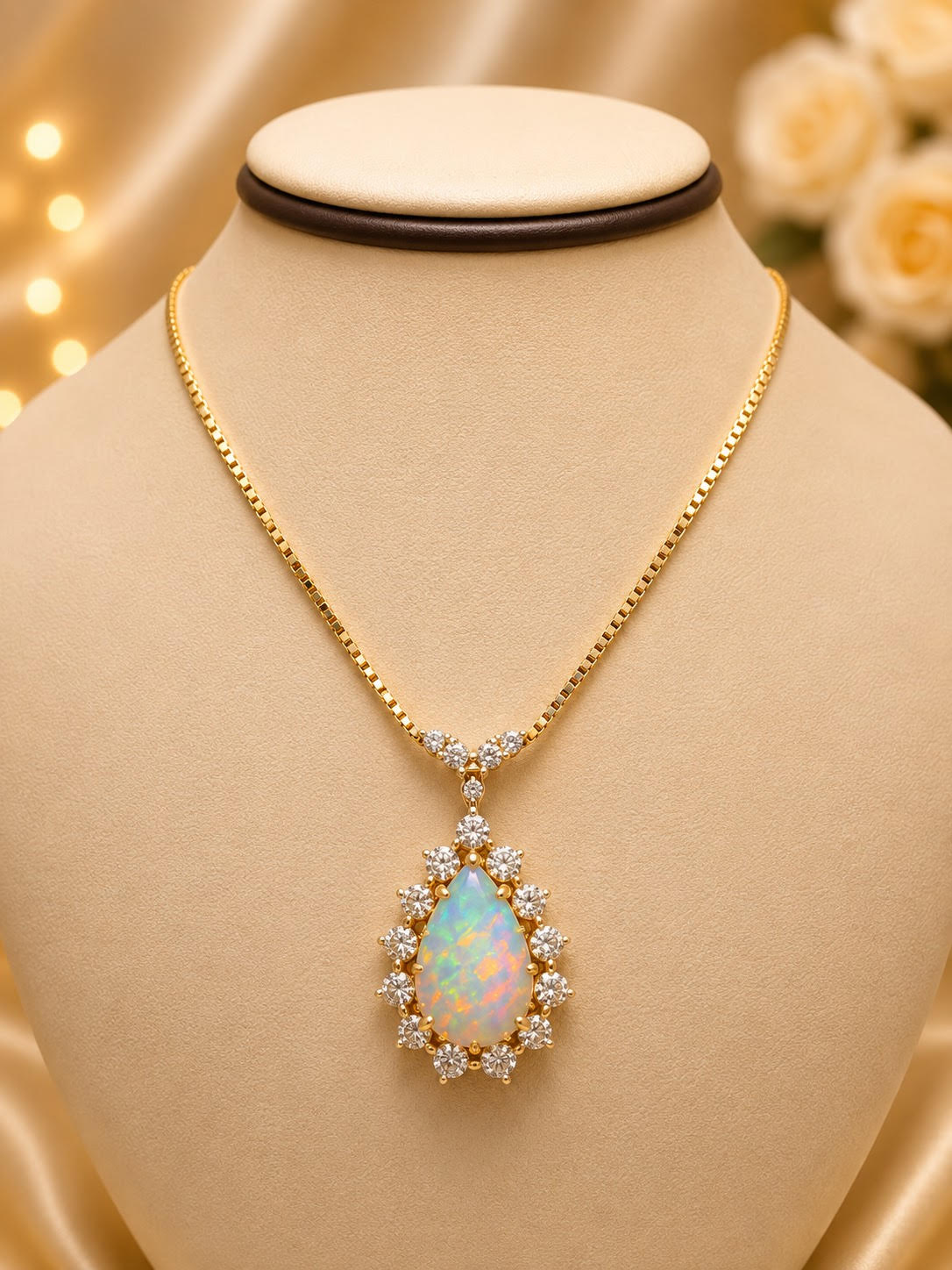 Vintage Estate 18k Yellow Gold Box Chain With Opal And Diamond Halo .65ctw