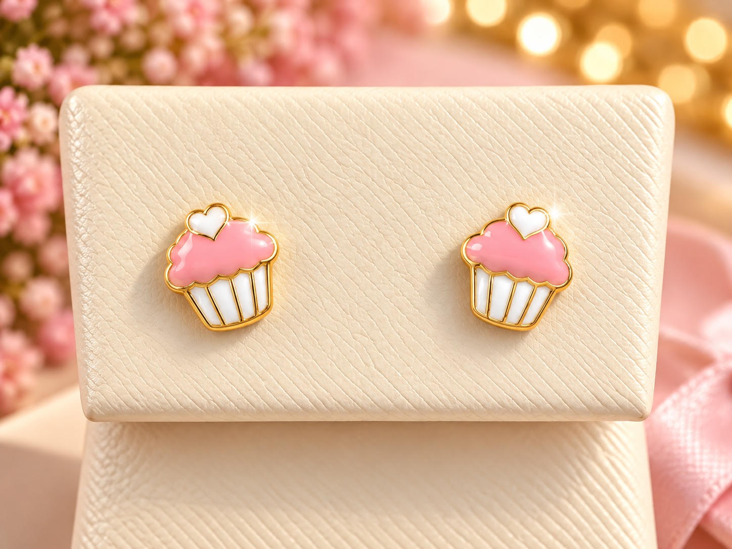 14K Yellow Gold Children Pink Enamel Cupcake Stud Earrings – Cute Novelty Jewelry