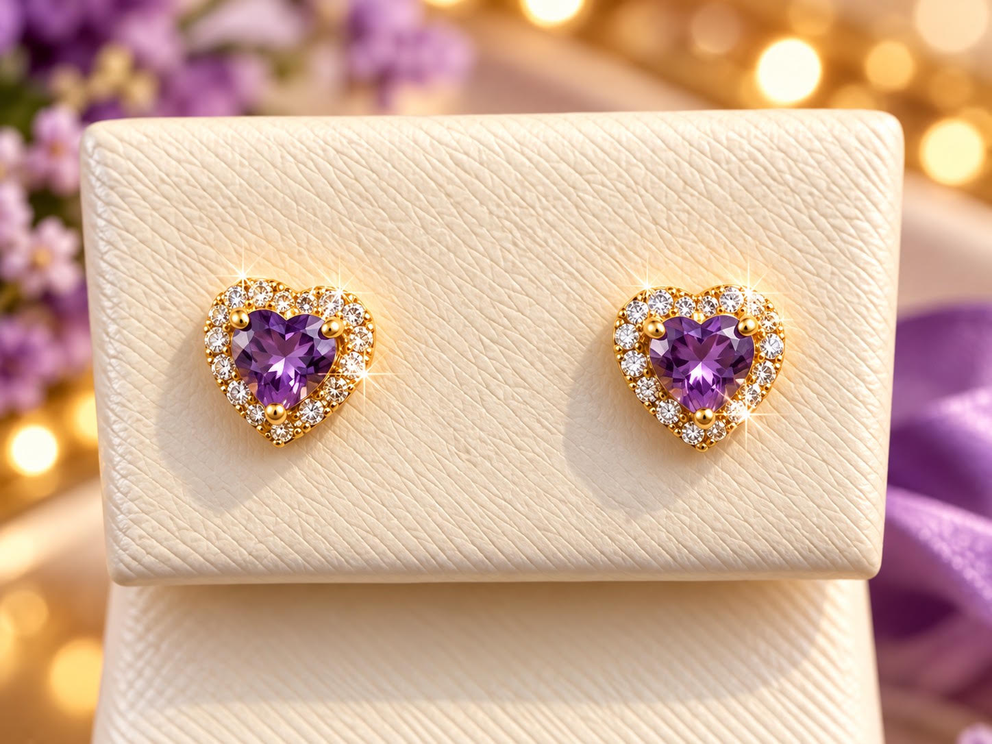 14K Yellow Gold Children Heart-Shaped Amethyst Earrings with Halo Accents
