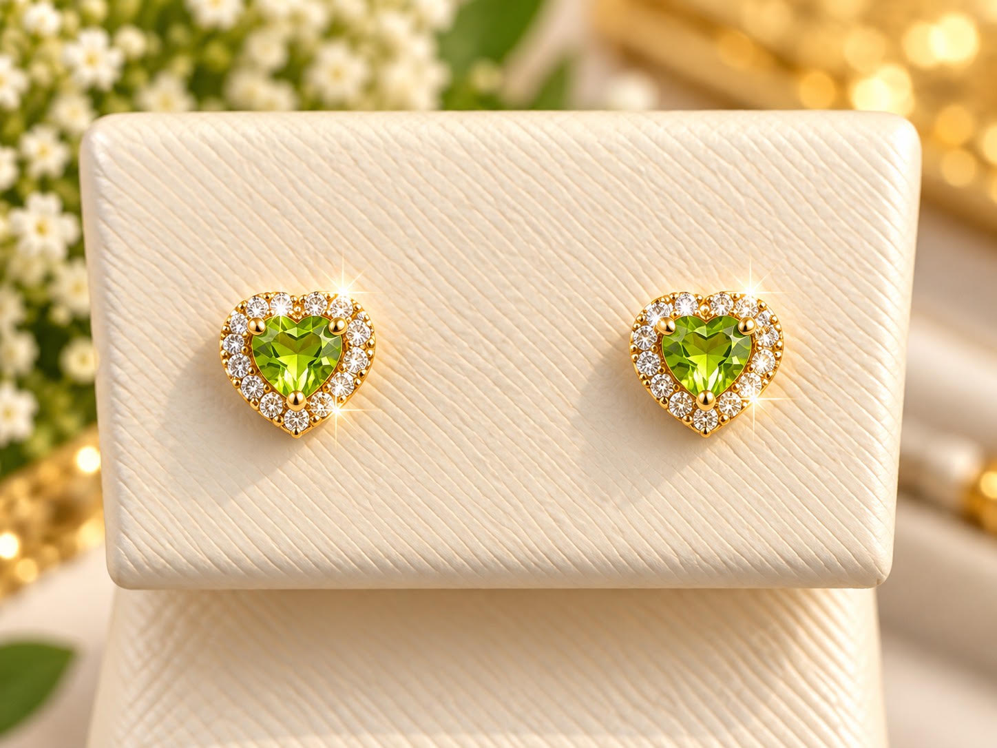 14K Yellow Gold Children Heart-Shaped Peridot & Halo Stud Earrings