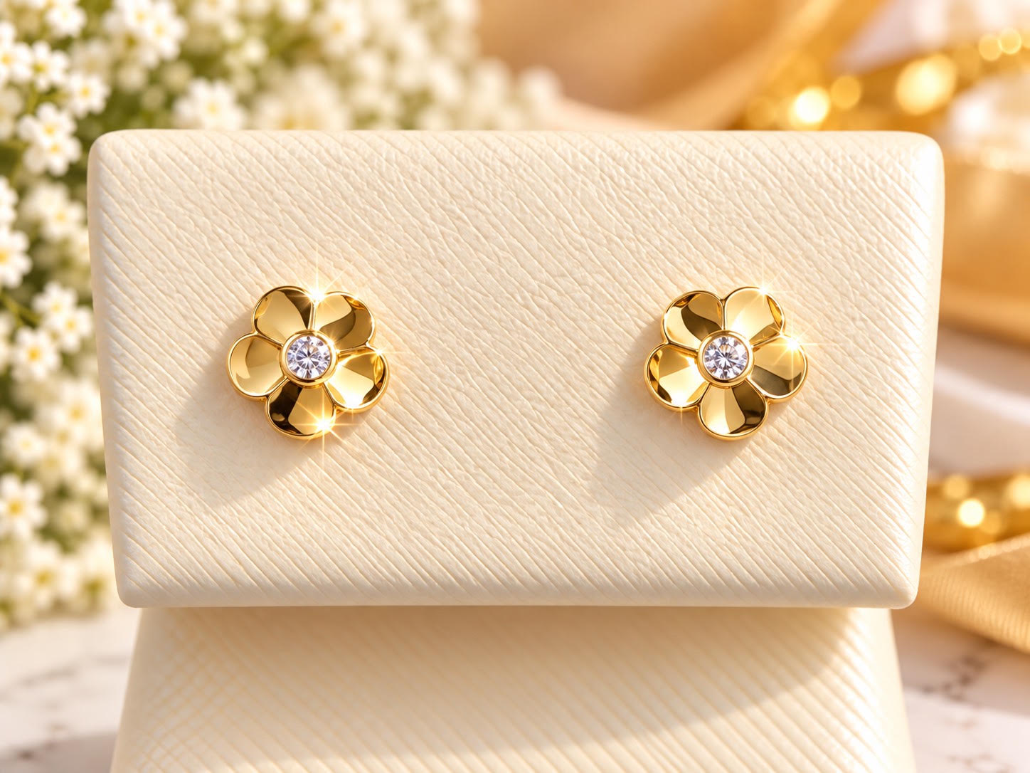 14K Yellow Gold Children Flower Stud Earrings with Diamond Accents – Elegant Floral Design