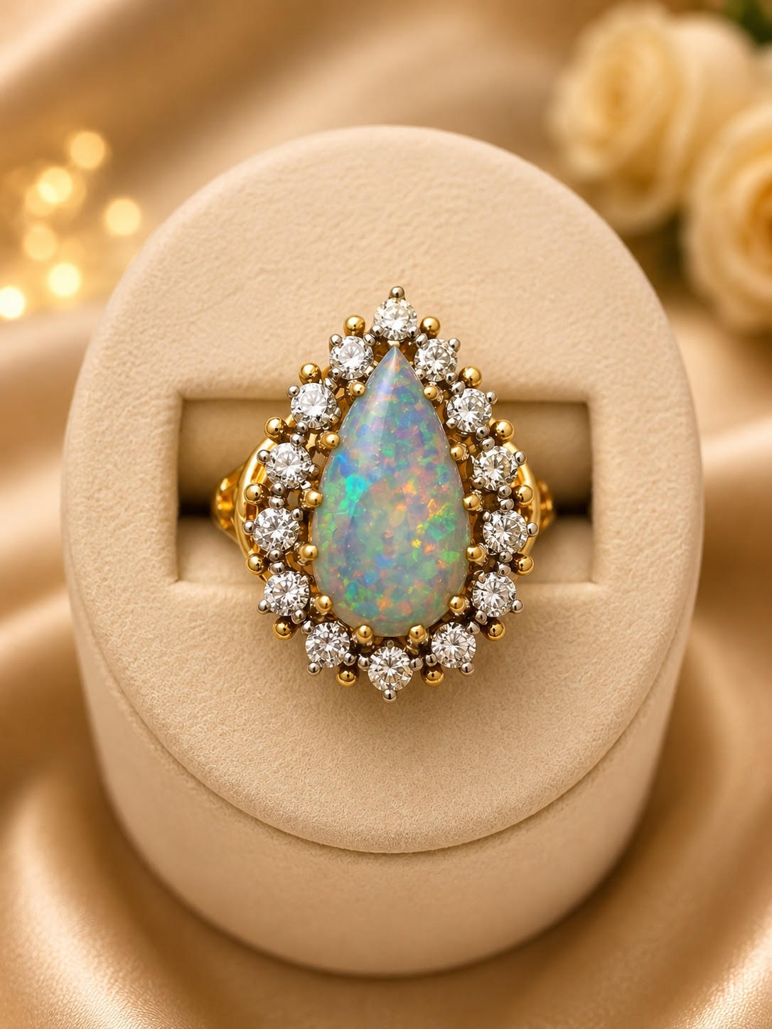 Vintage Estate 18k Yellow Gold Women’s Opal And Diamond Ring Size 6