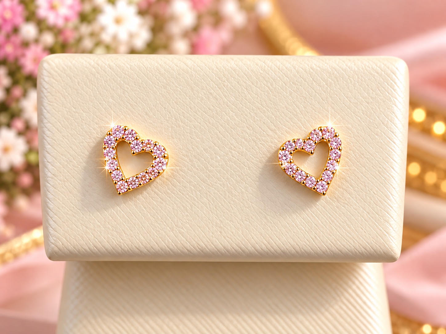 14K Yellow Gold Children Pink Cubic Zirconia Open Heart Stud Earrings