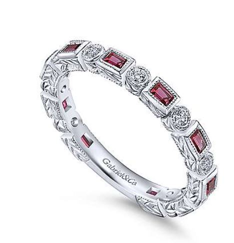 14K White Gold Ruby Baguette and Diamond Round Eternity Ring