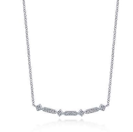 14K White Gold Curved Geometric Diamond Bar Necklace