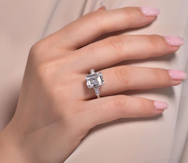 Classic Three-Stone Emerald Cut Engagement Ring by Lafonn GREAT