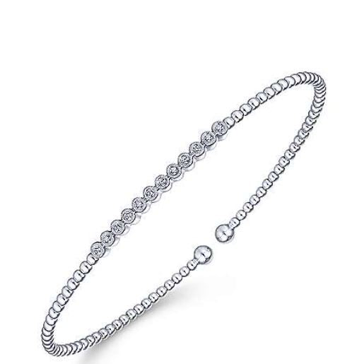 14K White Gold Bujukan Bead Cuff Bracelet with Bezel Set Diamond Stations