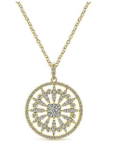 14K Yellow Gold Round Floral Diamond Pendant Necklace