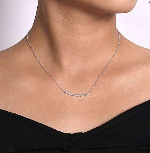 14K White Gold Curved Geometric Diamond Bar Necklace