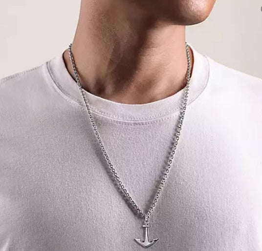 Sterling Silver Anchor Pendant with Diamonds