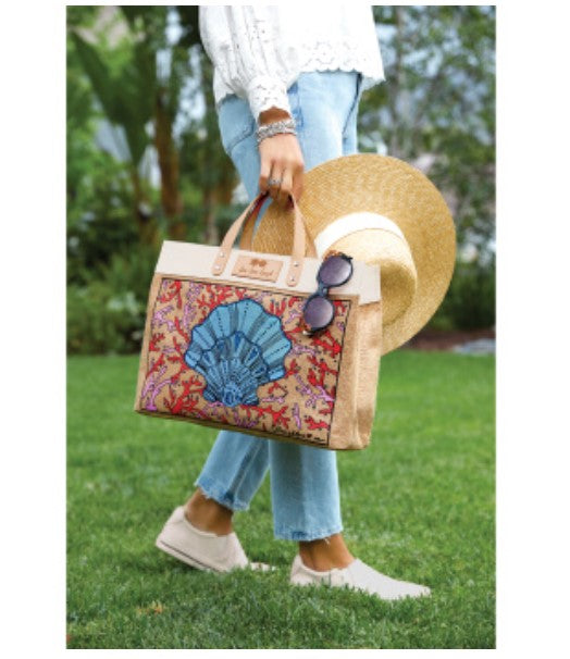 Seashell East West Burlap Tote