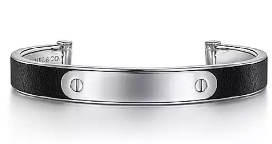 Sterling Silver and Leather Open ID Bracelet by Gabriel and Co.