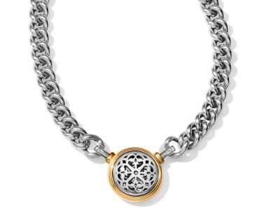Collection: Ferrara  Color: Silver-Gold  Closure: Lobster Claw  Length: 15" - 18" Adjustable  Pendant Drop: 3/4"  Finish: Two Tone