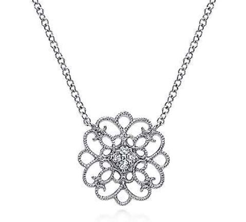 18" 925 Sterling Silver Round Fillilgree White Sapphire Pendant Necklace