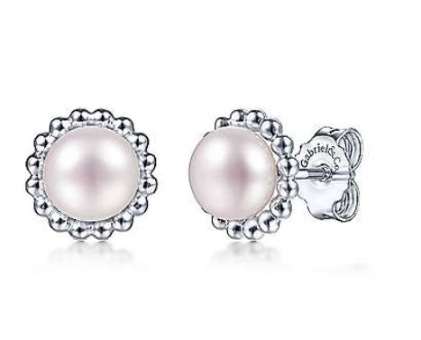 925 Sterling Silver Plated Pearl with Beaded Frame Stud Earrings
