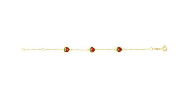14K Yellow Gold Enamel Strawberry Bracelet for Children